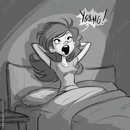 A woman yawning in bed with her arms stretched out. A picture that capture the feeling of waking up tired and sleepy
