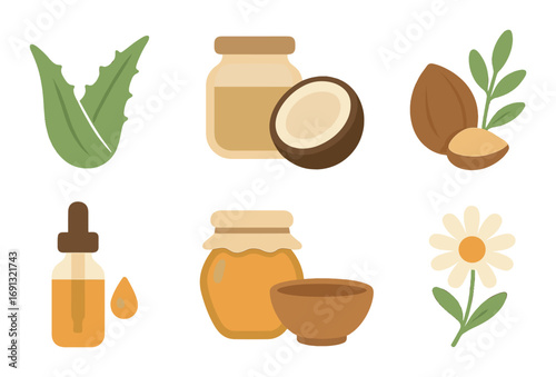 Natural products flat icon set. featuring aloe vera, coconut oil, argan, essential oil, honey, chamomile symbols.