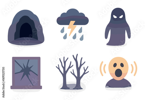 Halloween silhouette icon set. featuring cave, storm, ghost, cracked window, trees, and scream symbols.