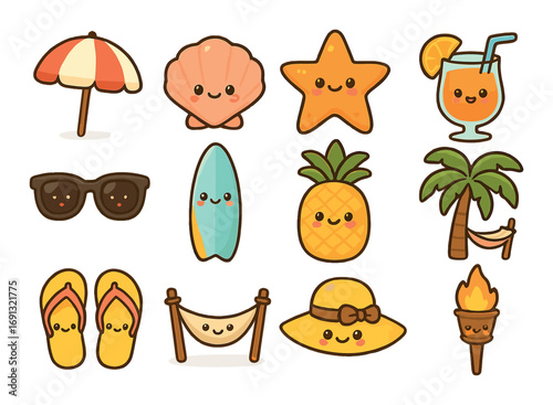 Summer vacation flat icon set. featuring umbrella, shell, starfish, cocktail, sunglasses, surfboard, pineapple, palm, flip-flops, hat, torch..