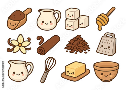 Baking ingredients flat icon set. featuring cocoa, milk, sugar, honey, vanilla, cinnamon, chocolate, and more..