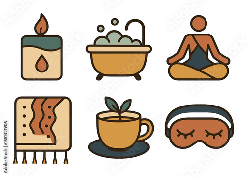 Relaxation and wellness flat icon set. featuring candle, bathtub, meditation, blanket, tea, and sleep mask.