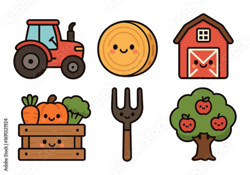 Farm and harvest flat icons set. featuring tractor, hay bale, barn, vegetables, pitchfork, and apple tree.