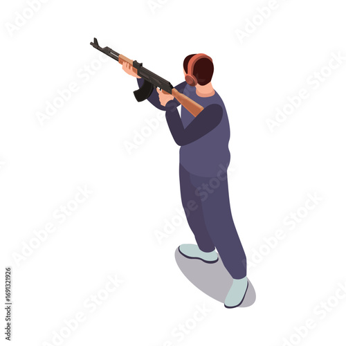 Isometric illustration of a shooter with a rifle and ear protection
