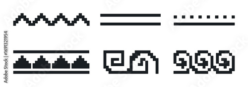 Video game silhouette icon set. featuring wave, bar, dot, zigzag, spiral, and loop patterns.