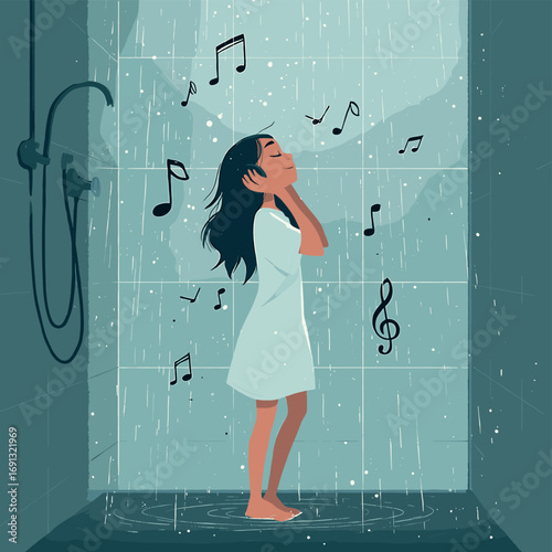 A woman takes a shower while enjoying the music with notes around. It captures a feeling of relaxation and joy