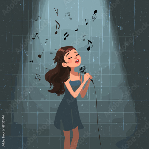 A young woman passionately singing into a vintage microphone under a spotlight, with musical notes floating around her