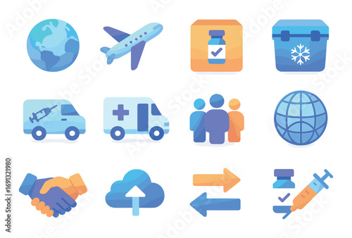 Logistics and healthcare flat icons set. featuring globe, airplane, package, vaccine, truck, ambulance, group, network, handshake, cloud, arrows, syringe symbols.