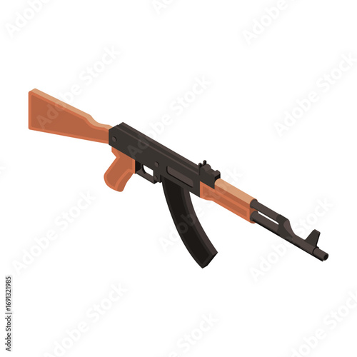 Isometric view of a classic automatic firearm with wooden accents