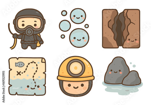 Adventure flat icon set. featuring diver, bubbles, canyon, map, miner, rocks.