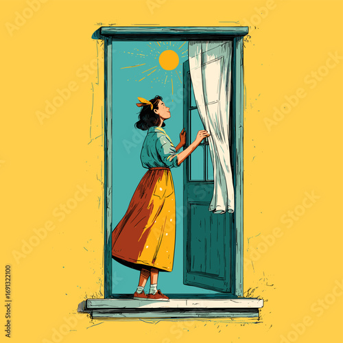 A woman stands at an open doorway, peering outside at the bright sun. She has long dark hair with a yellow bow and is wearing a yellow skirt and holding open the curtains