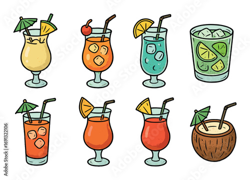 Tropical drinks flat icons set. featuring cocktails, mojito, coconut, and beverages.
