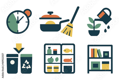 Home essentials flat icon set. featuring timer, pot, broom, watering, trash, fridge, bookshelf symbols.