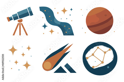 Astronomy silhouette icon set. featuring telescope, constellation, planet, stars, meteor, and galaxy symbols.
