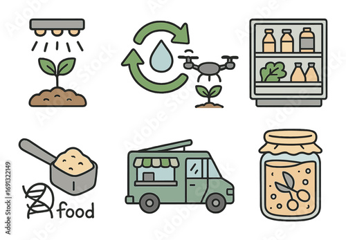 Sustainable farming flat icon set. featuring plant, recycling, drone, refrigerator, food, truck, and jar symbols.