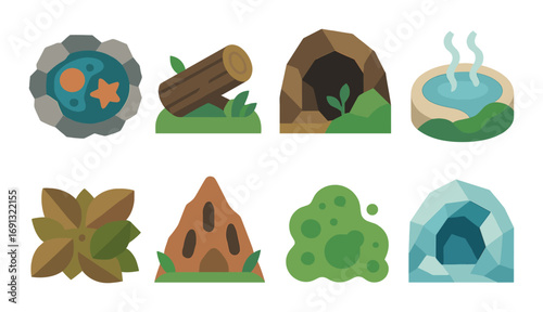 Nature elements flat icon set. featuring planet, log, cave, hot spring, leaves, rock formation, bush, ice..