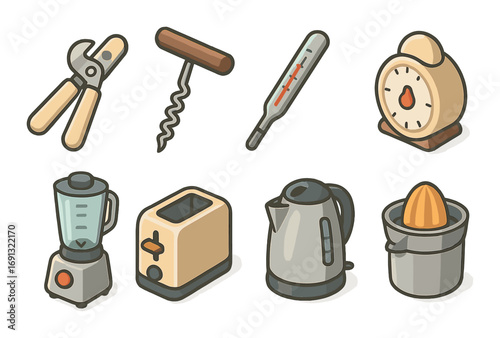 Kitchen tools flat icon set. featuring corkscrew, thermometer, clock, blender, toaster, kettle, juicer symbols.