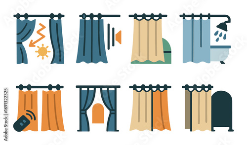 Home curtains silhouette icon set. featuring blackout, shower, open, closed, and remote-controlled designs..
