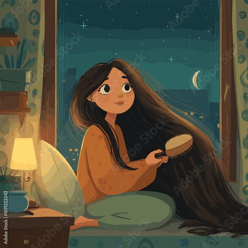 A girl is brushing her long hair while sitting near the window. Outside the window, night, moon, and stars can be seen