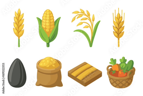 Agricultural products flat icon set. featuring wheat, corn, rice, grain, seed, flour, bread, and vegetables symbols.