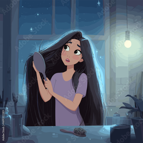 A young woman brushes her long hair at night, creating a moment of quiet reflection and contemplation. The starry night outside and the soft glow of the lamp set a peaceful mood