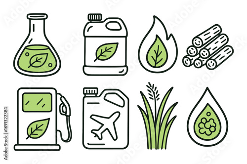 Biofuel energy linear icon set. featuring leaf, container, flame, logs, fuel pump, aviation, plant, and droplet.