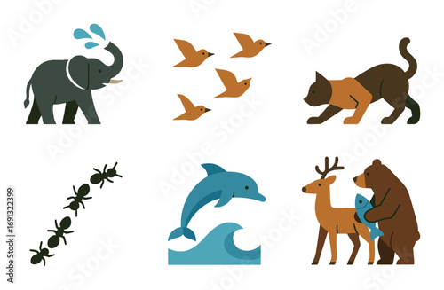 Wildlife flat icon set. featuring elephant, birds, cat, ants, dolphin, deer, bear symbols.