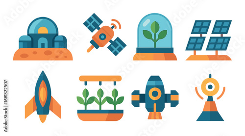 Space exploration flat icon set. featuring habitat, satellite, biodome, solar panel, rocket, agriculture, spaceship, antenna.