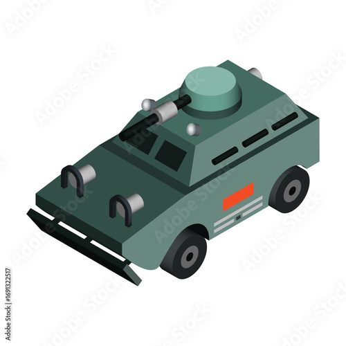 Isometric illustration of a green military vehicle with weapons and wheels