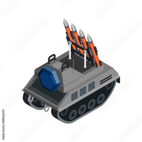 Isometric illustration of a military armored missile launcher vehicle