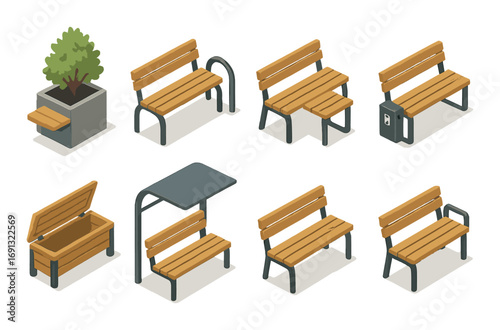 Urban furniture flat icon set. featuring benches, picnic table, planters, bike rack, and seat designs.