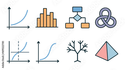 Mathematics linear icon set. featuring graph, histogram, flowchart, trefoil knot, tree, and pyramid symbols.