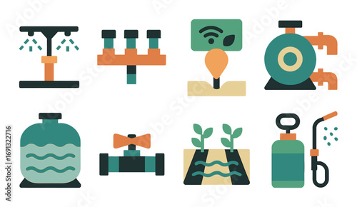 Smart irrigation flat icons set. featuring sprinkler, drip, sensor, pump, valve, planter, dispenser, and sprayer symbols.