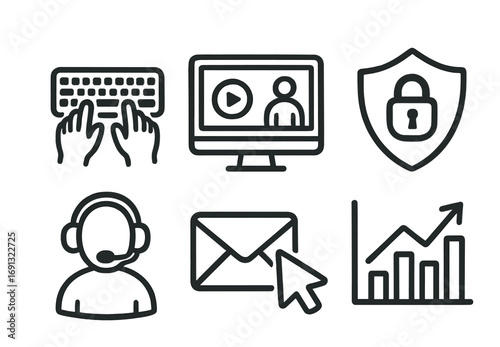 Communication and security linear icon set. featuring keyboard, video, lock, support, mail, graph symbols.