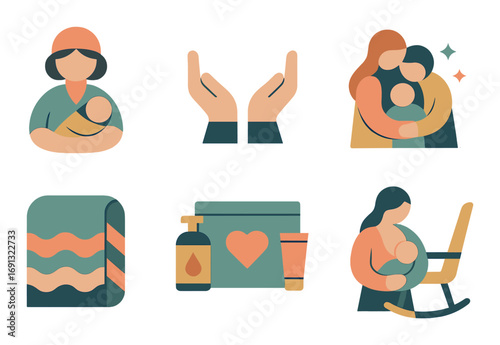 Parenting flat icon set. featuring mother, baby, cradle, care, family, hands, and love symbols.