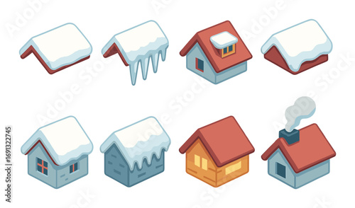 Winter house linear icon set. featuring snowy roofs, icicles, cabin, chimney, and illuminated windows..