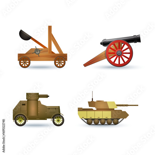 Historical weaponry collection catapult, cannon, armored car, and modern tank set
