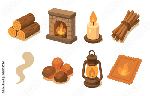 Campfire essentials flat icon set. featuring logs, fireplace, candle, sticks, smoke, coals, lantern, and fire symbol.