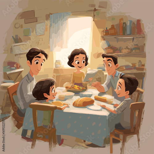 A happy family is gathering around a table enjoying meal