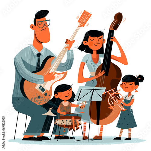A family of musicians creating music with various instruments. The image captures a moment of artistic harmony, highlighting the bond between family members and their shared passion
