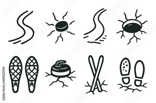 Winter sports silhouette icon set. featuring skiing, snowboarding, curling, and ice skating symbols.