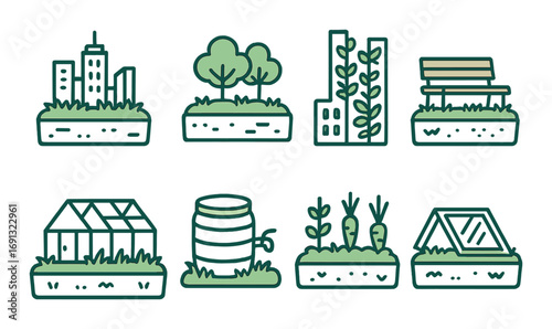Urban gardening linear icon set. featuring cityscape, trees, tall building, bench, greenhouse, barrel, plants.