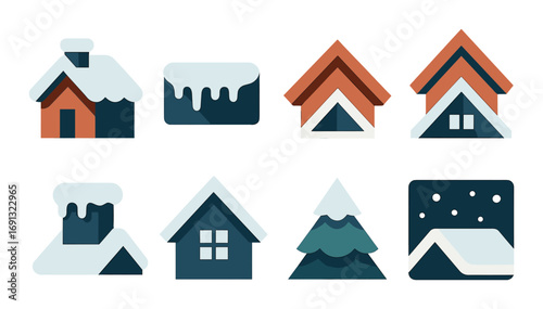 Winter homes flat icon set. featuring cabin, mailbox, roof, chimney, house, tree, window, snowfall.