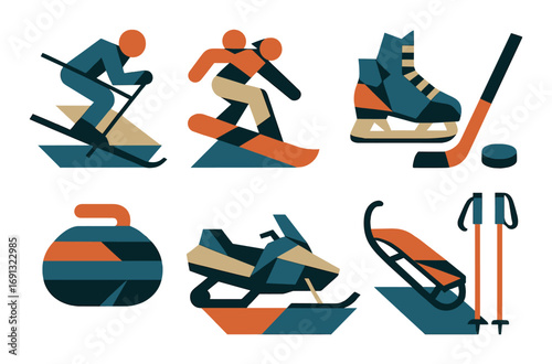 Winter sports flat icon set. featuring skiing, snowboarding, ice skating, curling, snowmobile, sledding, hockey.