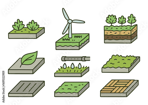 Ecology flat icon set. featuring renewable energy, agriculture, wind turbine, gardening, sustainability symbols.