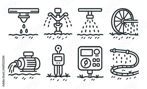 Gardening equipment linear icon set. featuring sprinkler, hose, pump, sensor, wheel, drip, and watering system..