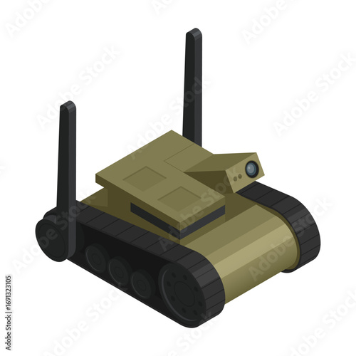 Isometric military surveillance robot with caterpillar tracks for reconnaissance missions