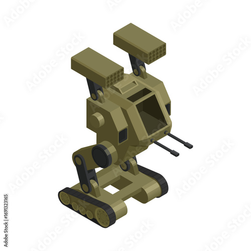 Military robot with weapons and tracks in isometric view