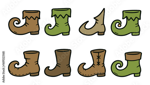 Fairy tale shoes flat icon set. featuring pointed, curled, elf, boots, leather, magic, and forest footwear.
