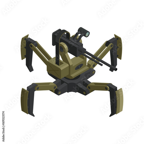 Isometric illustration of an autonomous military combat spider robot with a weapon